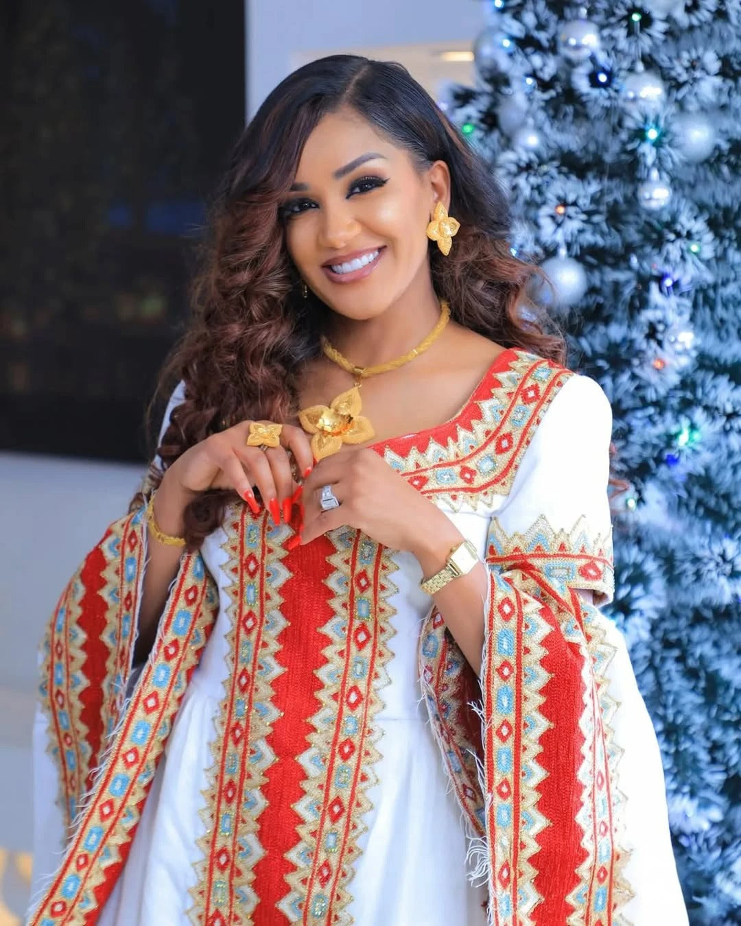 Lavish Red and Golden Ethiopian Dress Closeup