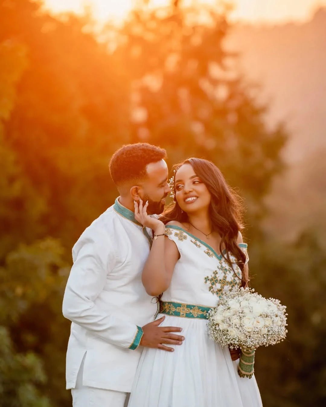 Flawless Green Matching Ethiopian Couples Outfit: Detailed Cultural Designing Habesha Couples Wedding Attire