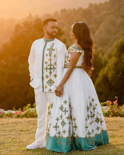 Flawless Green Matching Ethiopian Couples Outfit
