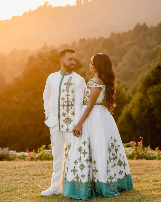 Flawless Green Matching Ethiopian Couples Outfit