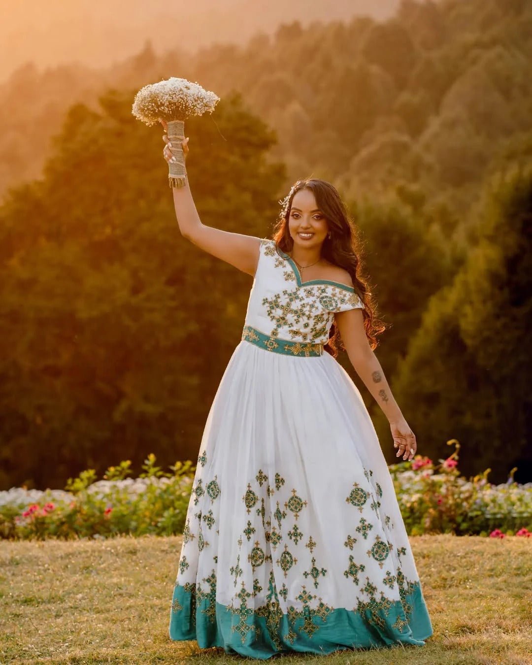 Flawless Green Matching Ethiopian Couples Outfit: Detailed Cultural Designing Habesha Couples Wedding Attire