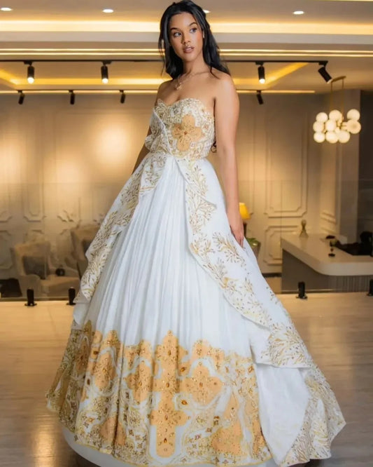 Off-Shoulder Habesha Bridal Dress: Crystal Embellishments & Flowing Train