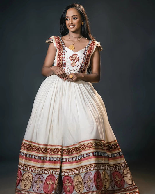 Multicolor Habesha Wedding Dress  Stylish Short Sleeve Bridal Attire