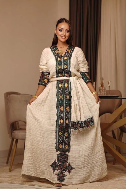 Elegant Ethiopian Dress with Colorful Handwoven Embroidery for Cultural Celebrations
