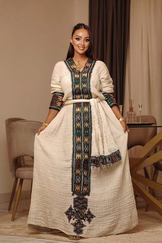Elegant Ethiopian Dress with Colorful Handwoven Embroidery for Cultural Celebrations