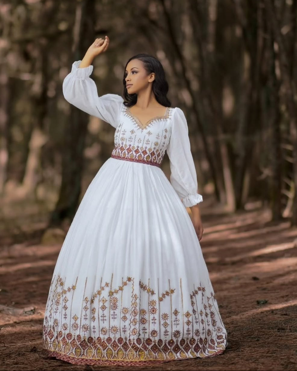 Classic Ethiopian Wedding Dress with Floral Embroidery – Eritrean Wedding Dress – Habesha Kemis
