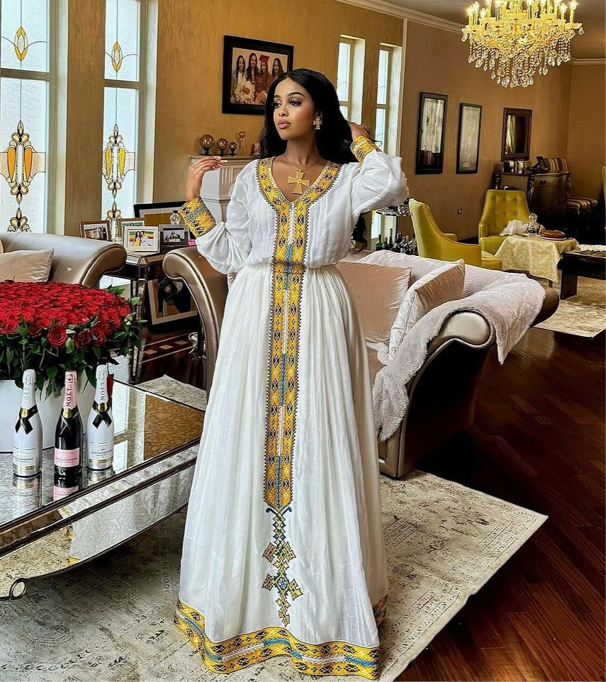 Beautiful Traditional Ethiopian Dress with Golden Design Timeless Habesha Kemis Ethiopian Cultural Dress