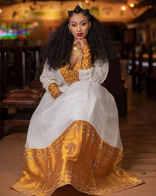 Golden Yellow Wide Tilet Habesha Dress Modern Habesha Kemis Ethiopian Dress Style Traditional Habesha Libs