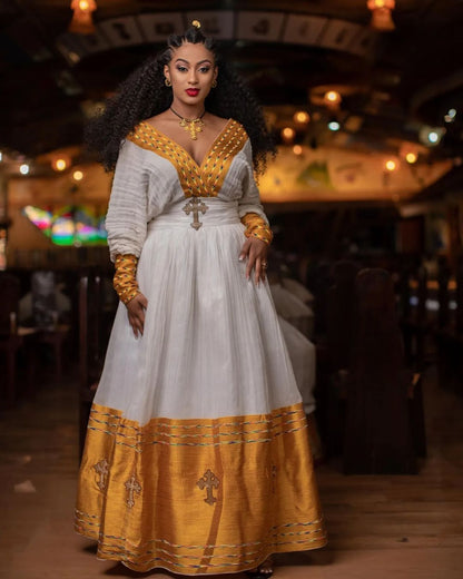 Golden Yellow Wide Tilet Habesha Dress Modern Habesha Kemis Ethiopian Dress Style Traditional Habesha Libs