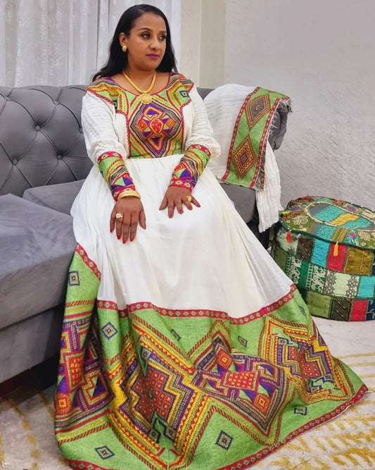 Ethereal Charm in Wide-Patterned  Habesha Dress Habesha Kemis Modern Ethiopian Dress Style