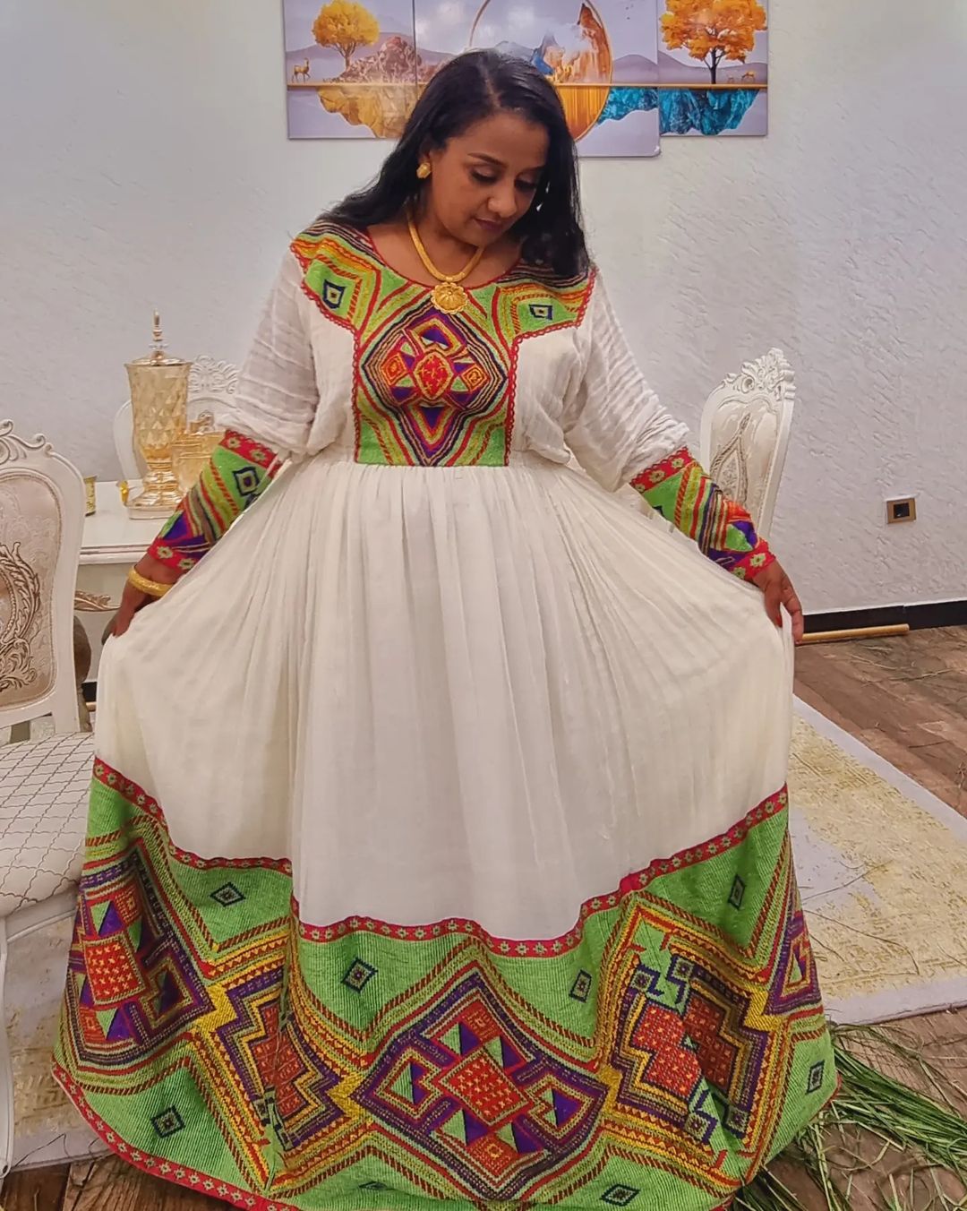 Ethereal Charm in Wide-Patterned  Habesha Dress Habesha Kemis Modern Ethiopian Dress Style