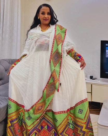 Ethereal Charm in Wide-Patterned  Habesha Dress Habesha Kemis Modern Ethiopian Dress Style