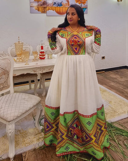 Ethereal Charm in Wide-Patterned  Habesha Dress Habesha Kemis Modern Ethiopian Dress Style