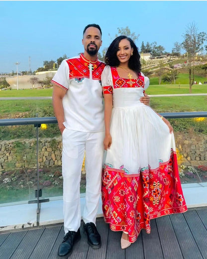 Passionate Red Bliss: Vibrant Habesha Couples Outfit in Menen Fabric