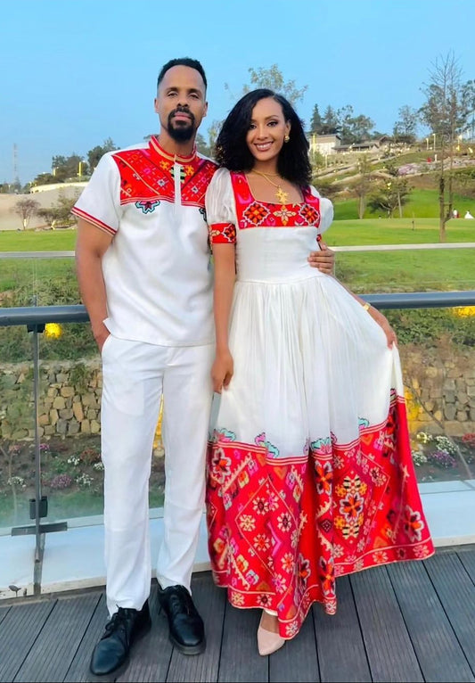 Passionate Red Bliss: Vibrant Habesha Couples Outfit in Menen Fabric