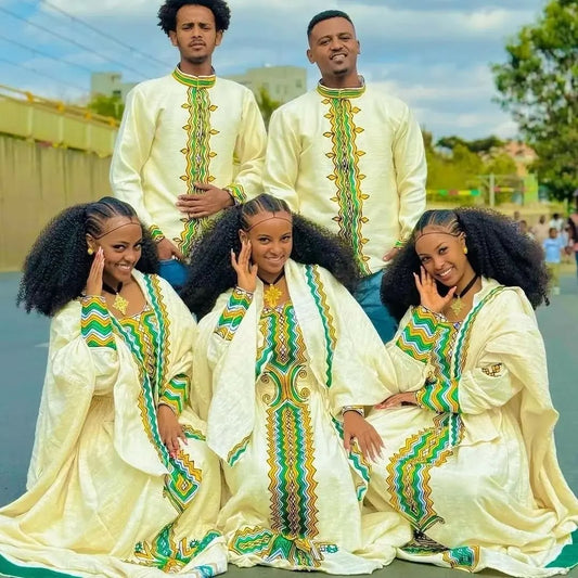  Vibrant Green Matching Ethiopian Couples Outfit