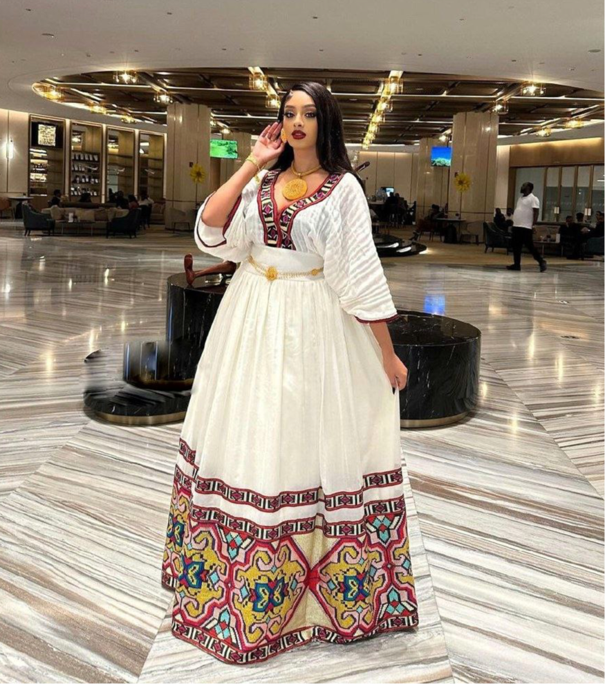 Exquisite Habesha Kemis with Multicolored Design Traditional Ethiopian Dress