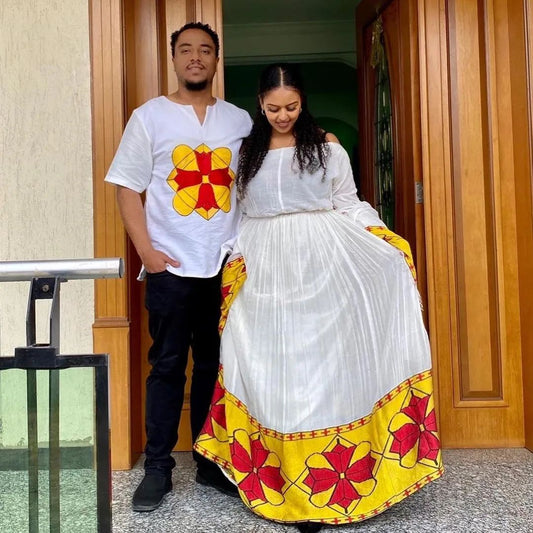 Yellow and Red Cross Designs Habesha Couples Outfit Modern Ethiopian Wedding Outfit Matching Couples Outfit