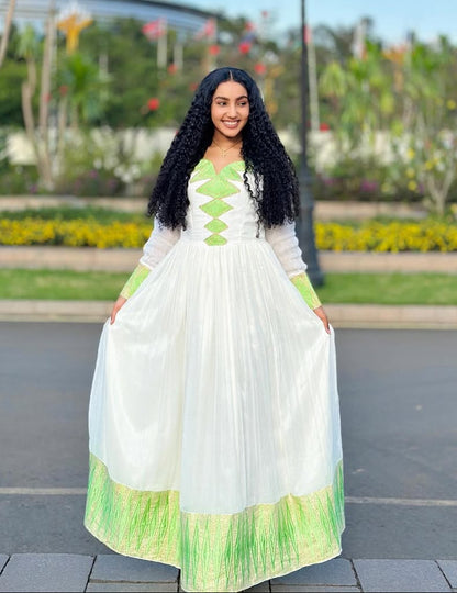 Stylish Habesha Kemis with Lime Green Accents – Eritrean Dress