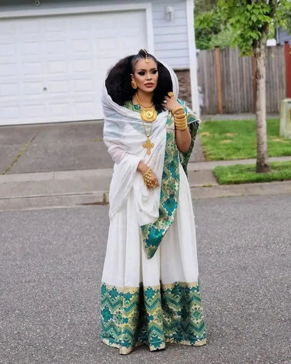 Elegant Habesha Kemis A Stunning Dark Blue Ethiopian Traditional Dress