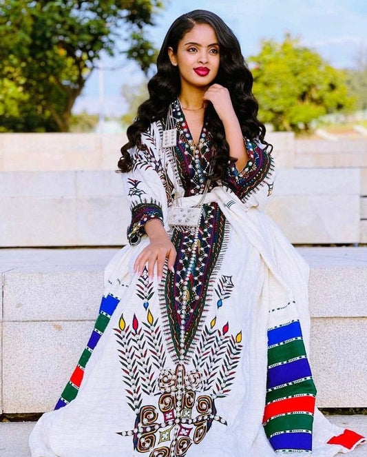 Gojam Cultural Habesha Dress With Dazzling Silver Artwork Darker Tilet Habesha Kemis Traditional Ethiopian dress Style