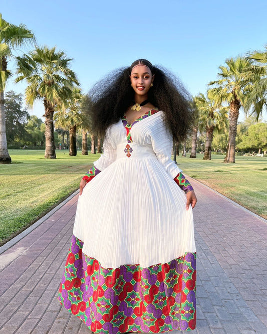 Vibrant multicolored Habesha dress