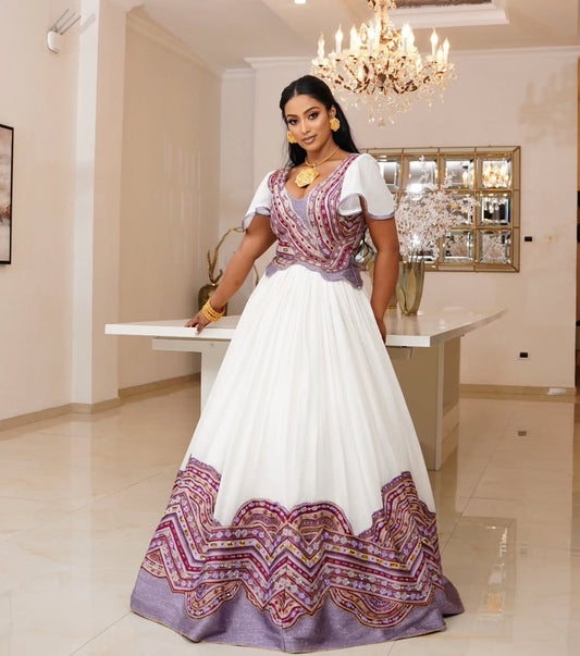 Elegant Ethiopian Bridal Habesha Kemis Detailed Embroidered Design