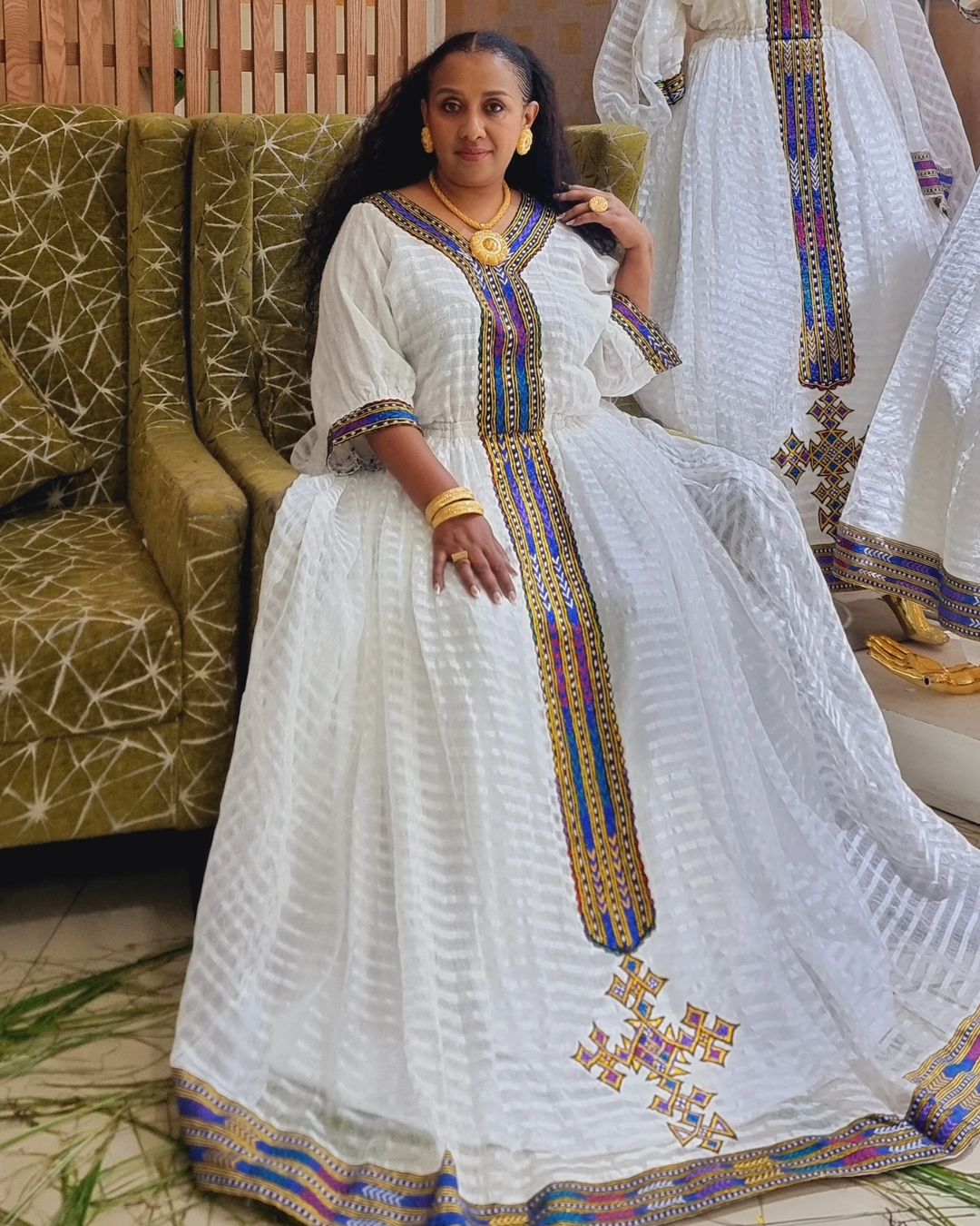 Elegant Traditional Ethiopian Dress: Multicolored Embroidered Habesha Dress for Cultural Celebrations