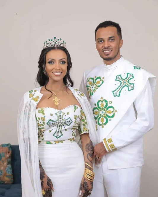 Majestic Green Patterned Traditional Ethiopian Couples Outfit