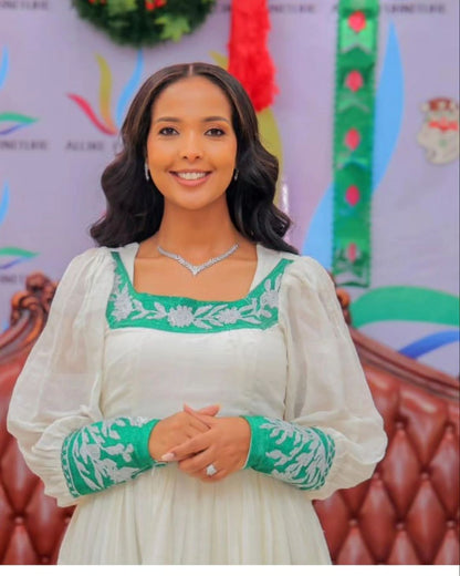 Beautiful Green Knee High Traditional Ethiopian Dress: with Silver Ornaments Habesha Dress