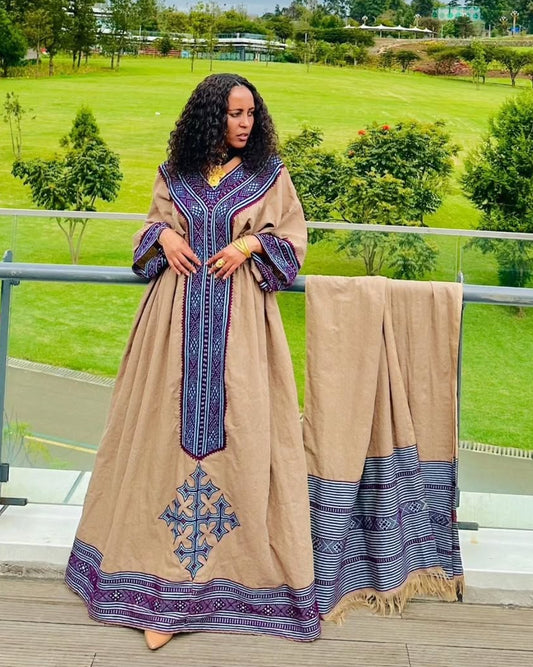 Exquisite Beige with Violet Habesha Dress