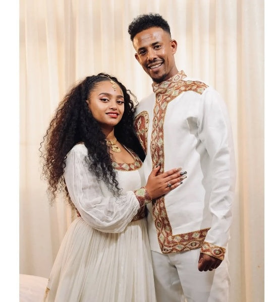 Graceful Golden Matching Ethiopian Couples Outfit: with Exquisite Detailing Habesha Wedding Couples Clothing