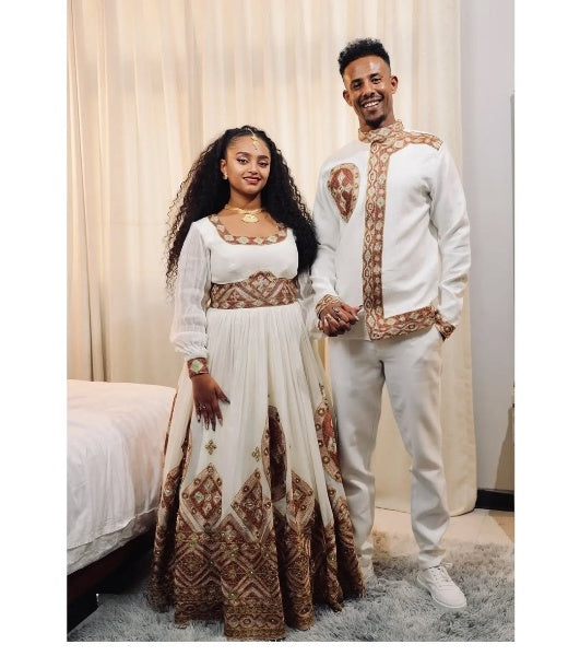 Graceful Golden Matching Ethiopian Couples Outfit