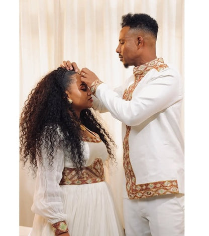 Graceful Golden Matching Ethiopian Couples Outfit: with Exquisite Detailing Habesha Wedding Couples Clothing