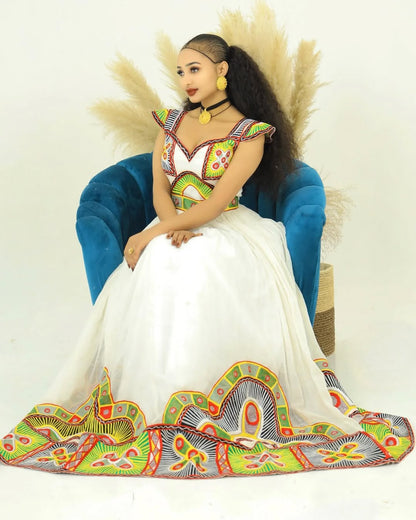 Charismatic Multicolored Traditional Ethiopian Dress: Modern Patterns on Habesha Dress Suitable for Cultural Gatherings Habesha Kemis