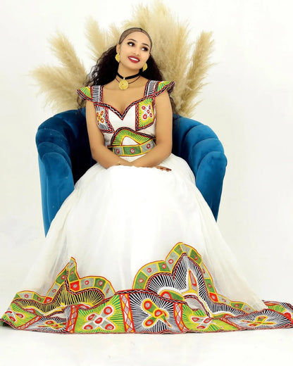 Charismatic Multicolored Traditional Ethiopian Dress: Modern Patterns on Habesha Dress Suitable for Cultural Gatherings Habesha Kemis