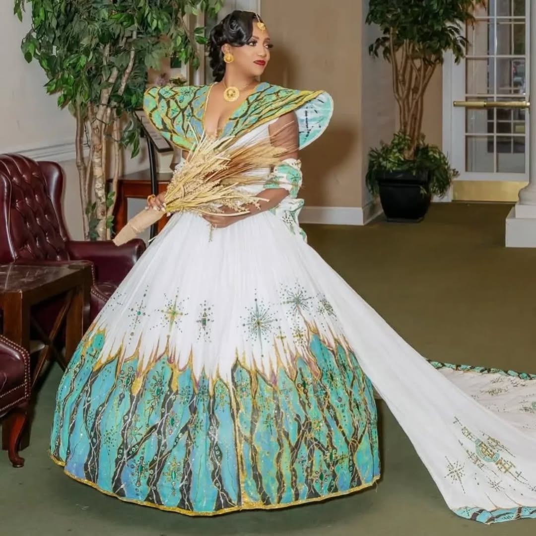 Mesmerizing Green Habesha Couples Outfit Dress