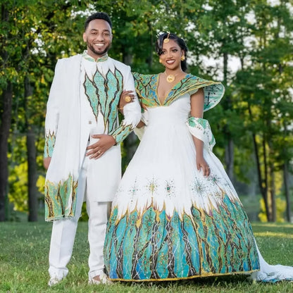 Mesmerizing Green Habesha Couples Outfit