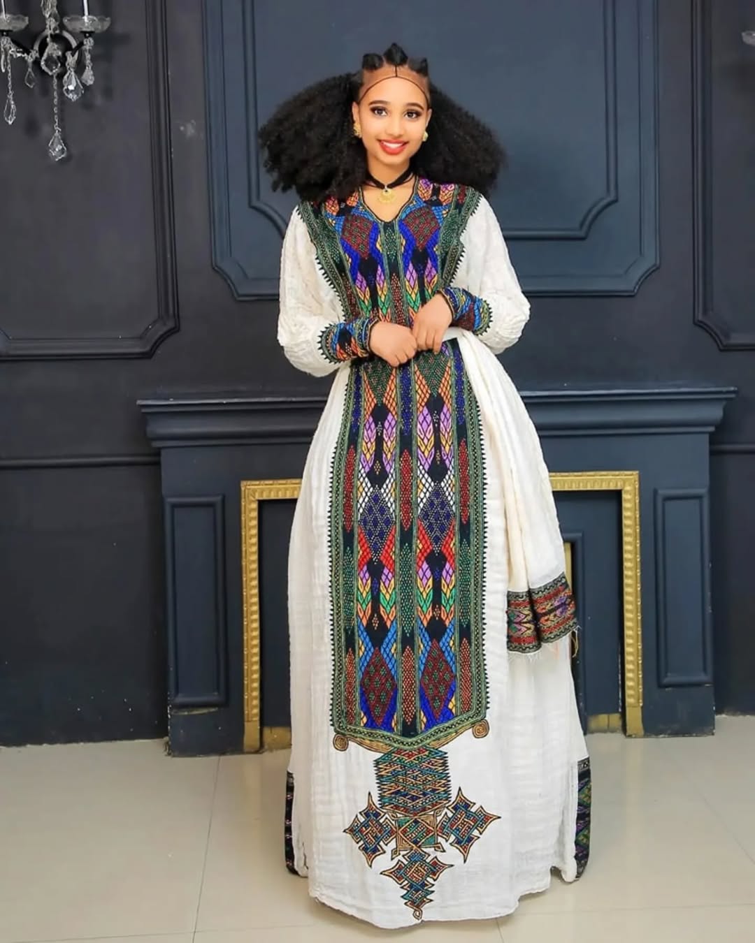 Striking Dark Cultural Embroidery on Habesha Dress