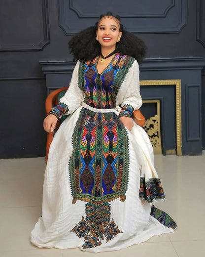 Striking Dark Cultural Embroidery on Habesha Dress: Handcrafted Traditional Ethiopian Dress for Timeless Appearance Eritrean Dress