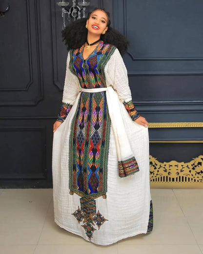 Striking Dark Cultural Embroidery on Habesha Dress: Handcrafted Traditional Ethiopian Dress for Timeless Appearance Eritrean Dress