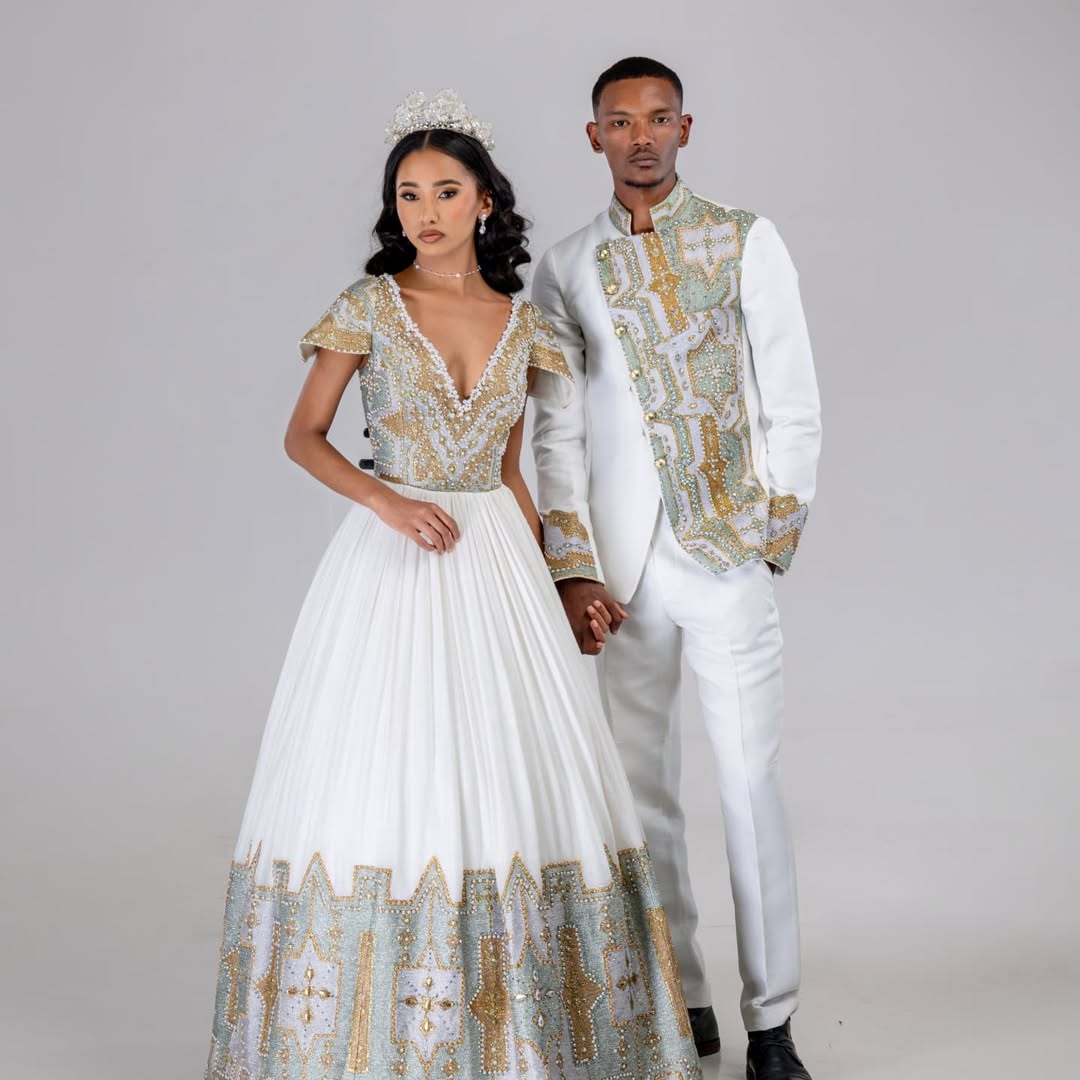 Sparkling Silver Ethiopian Couples Wedding Attire: with Golden Beaded Detailing Matching Habesha Couples Outfit