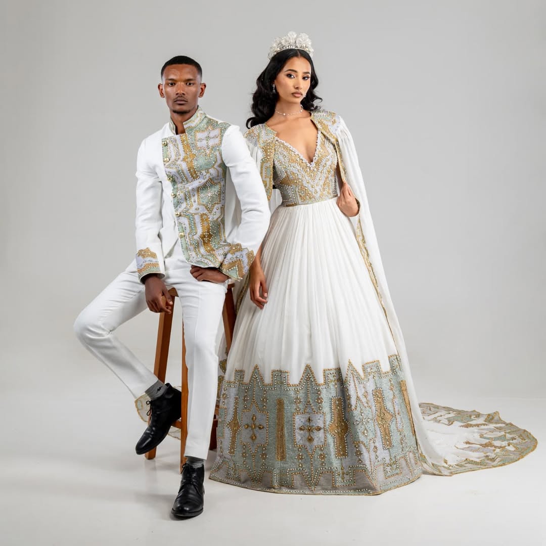 Sparkling Silver Ethiopian Couples Wedding Attire