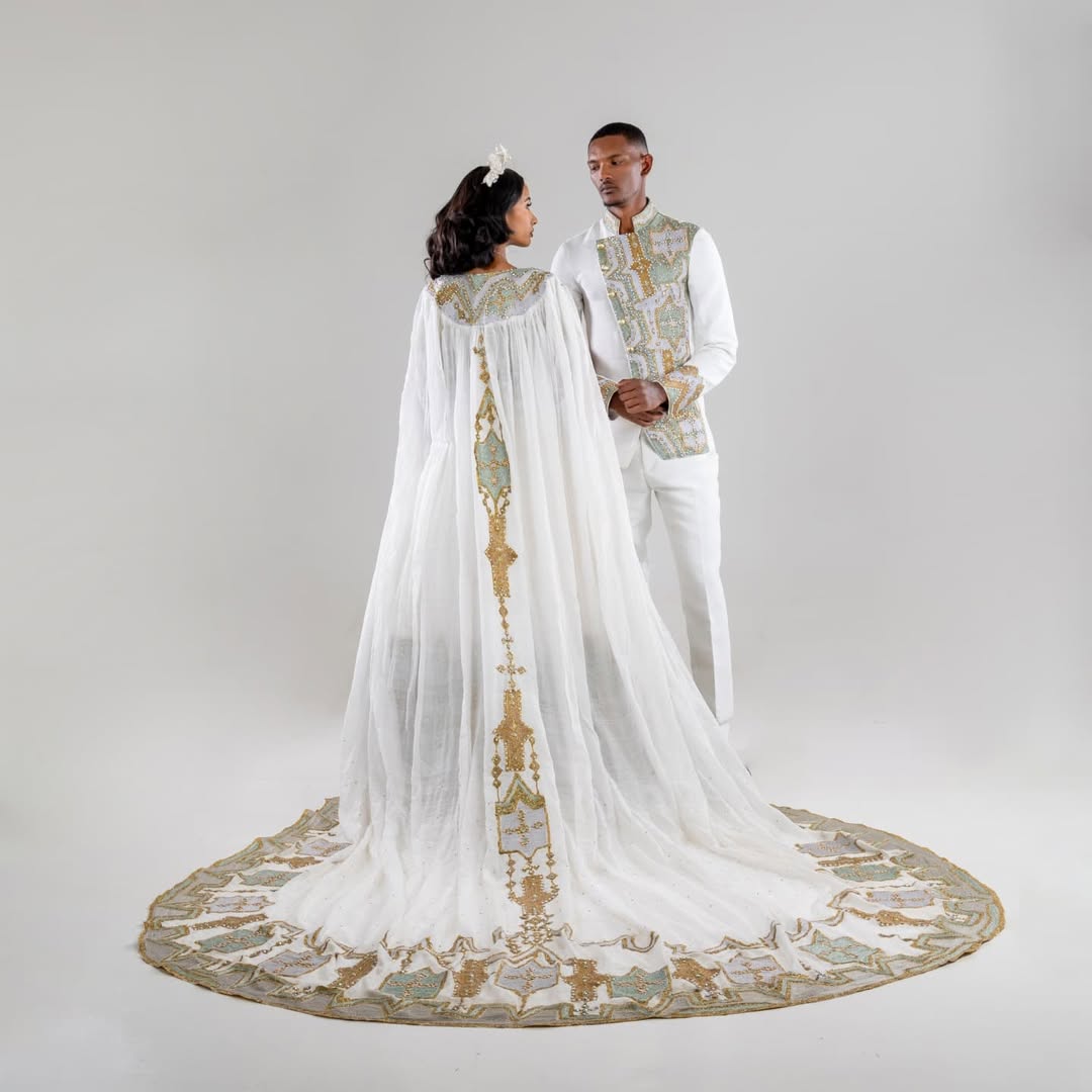 Sparkling Silver Ethiopian Couples Wedding Attire: with Golden Beaded Detailing Matching Habesha Couples Outfit