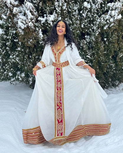 Vibrant Red Traditional Ethiopian Dress: with Golden Handmade Ornaments Ethiopian Cloth for Big and Small Events Habesha Dress