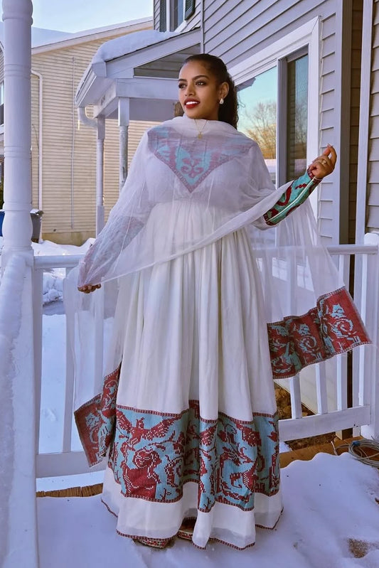 Luxurious Red Traditional Ethiopian Dress: with Light Blue Adornments Habesha Dress Stylish Habesha Kemis