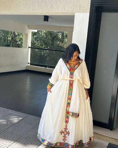 Appealing Colorful Traditional Dress: Simple Yet Elegant Diamond Design on Ethiopian Dress Cultural Look with Habesha Cloth