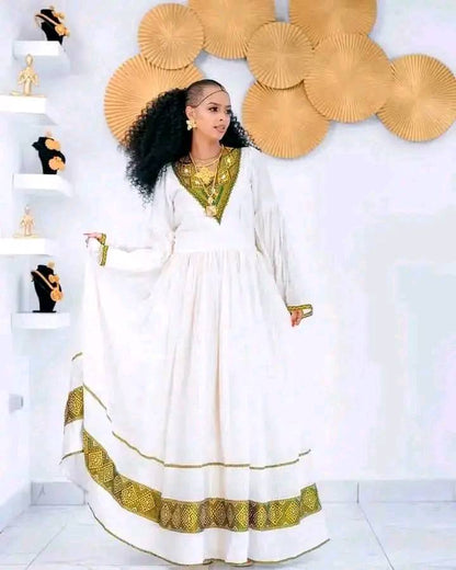 Fashionable Yellowish Golden Ethiopian Dress: Contemporary Design on Traditional Eritrean Dress Matching Outfit for Events Habesha Cloth