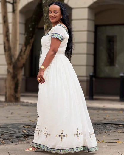 Lovely Green and Blue Ethiopian Clothing: with Modern Patterns and Cross Detailing Habesha Dress Gorgeous Traditional Eritrean Dress