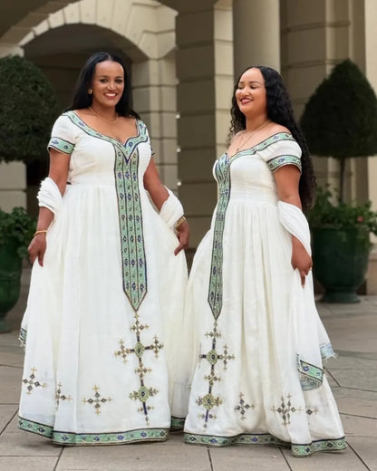 Lovely Green and Blue Ethiopian Clothing: with Modern Patterns and Cross Detailing Habesha Dress Gorgeous Traditional Eritrean Dress